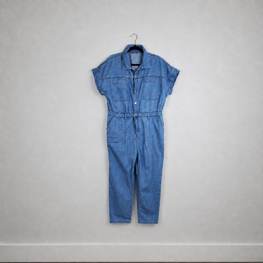 Short Sleeve Denim Boiler Suit Light Wash Utility Jumpsuit with Elastic Waist
